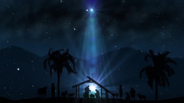 Vánoční scéna s blikajícími hvězdami a jasnější betlémskou hvězdou s jiskřivými postavami a animovanými zvířaty a stromy. Bezešvé smyčka s Narození Vánoční příběh s blikajícími hvězdami a reálných zvířat a stromů. 4k - Záběry, video