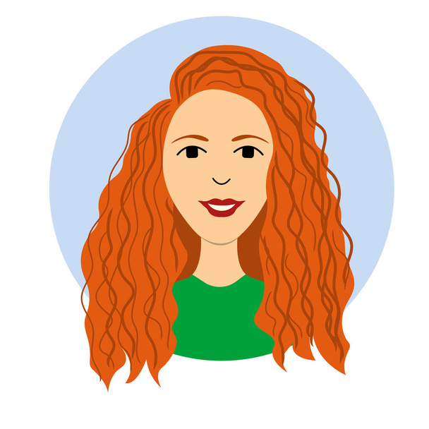 Portrait of beautiful young woman with curly red hair. Beautiful women face vector illustration. Happy cheerful young woman - Vector, Image