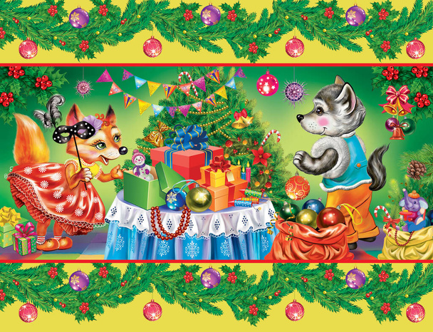 Animales de dibujos animados divertidos en la ropa que celebra la Navidad y el Año Nuevo, regalos de apertura, zorro y lobo cachorro, diseño de envases, impresión de Año Nuevo - Foto, Imagen