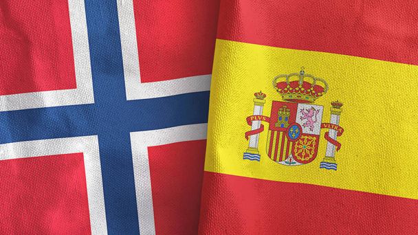 Hiszpania i Norwegia dwie flagi tkaniny tekstylne 3D renderowania - Zdjęcie, obraz
