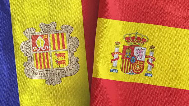 Spain and Andorra two flags textile cloth 3D rendering - Photo, Image