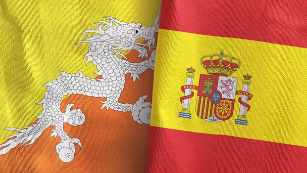 Espanha e Butão duas bandeiras de pano têxtil 3D renderização - Foto, Imagem