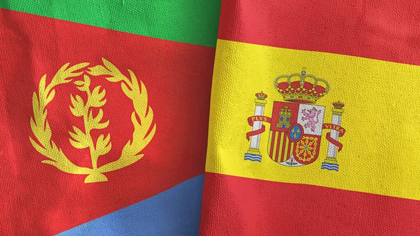España y Eritrea dos banderas de tela textil 3D renderizado - Foto, imagen
