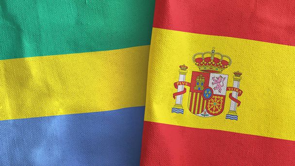 Ισπανία και Γκαμπόν δύο σημαίες υφασμάτινο ύφασμα 3D απόδοση - Φωτογραφία, εικόνα