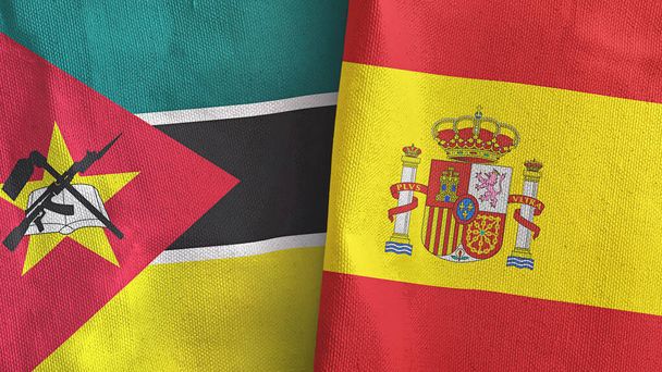 Spanyolország és Mozambik két zászló textil ruha 3D renderelés - Fotó, kép