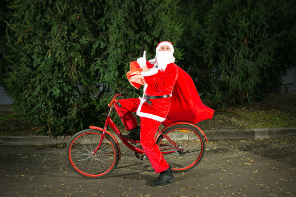 Santa Claus rides a bicycle and carries a large bag of gifts. Close-up on the background of coniferous trees. - Photo, Image
