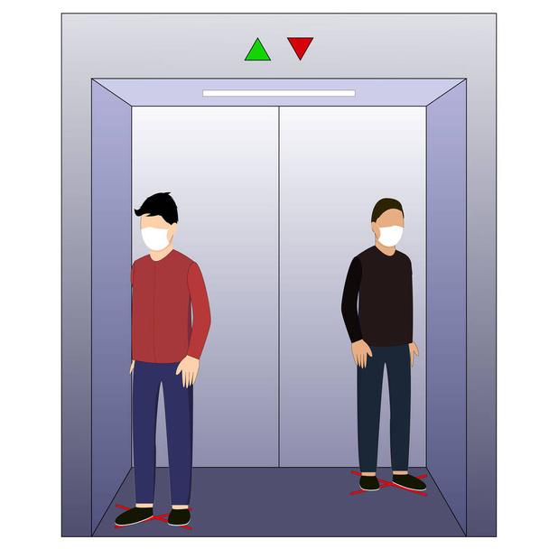illustration Keep distance. Social distancing. coronavirus COVID-19 Quarantine. Pandemic virus Reducing risk of infection, disease prevention measures. People in masks in elevator - Photo, Image