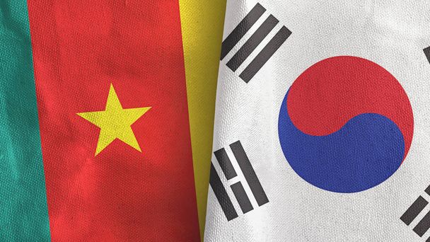 Corea del Sud e Camerun due bandiere tessuto 3D rendering - Foto, immagini