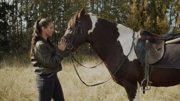 Eine junge schöne Reiterin streichelt, gibt ihrer Lieblingsstute nach einer schwierigen und weit entfernten Pferdewanderung Ruhe und frisches Gras. - Foto, Bild