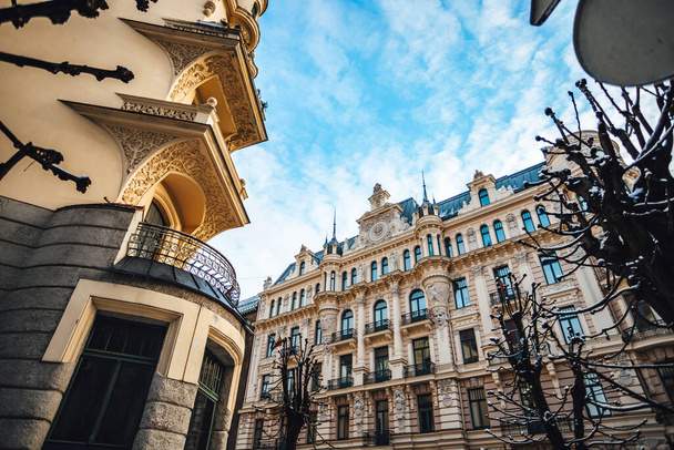 A low angle shot of Art Nouveau architecture building facade in Riga, Latvia - 写真・画像