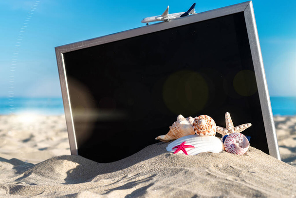 Mořské pozadí. Hvězdice, mušle, hračka letadlo a zeměkoule v blízkosti tabule na pláži oceánu přírody. Koncept letních prázdnin a reklam produktů - Fotografie, Obrázek