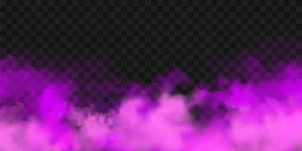 Realistic purple colorful smoke clouds, mist effect. Fog isolated on transparent background. Vapor in air, steam flow. Vector illustration. - Vector, Image