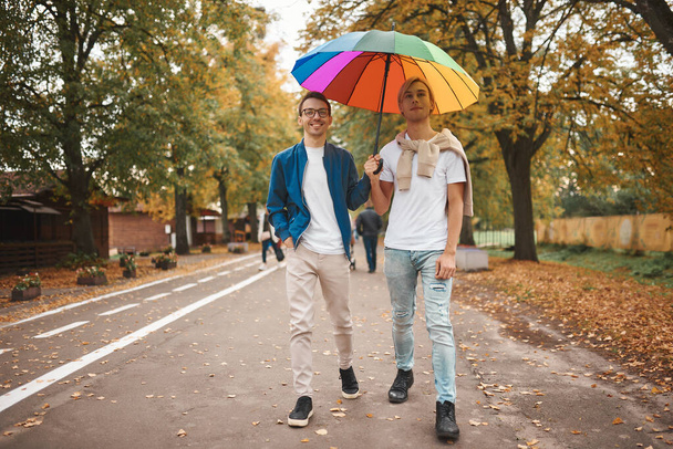 Kochająca para gejów spacerująca na zewnątrz z tęczowym parasolem. Dwóch przystojniaków ma romantyczną randkę w parku. Koncepcja LGBT. - Zdjęcie, obraz