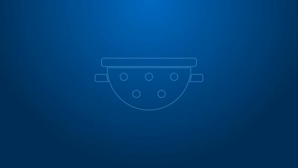 White line Kitchen colander icon isolated on blue background. Cooking utensil. Cutlery sign. 4K Video motion graphic animation - Footage, Video