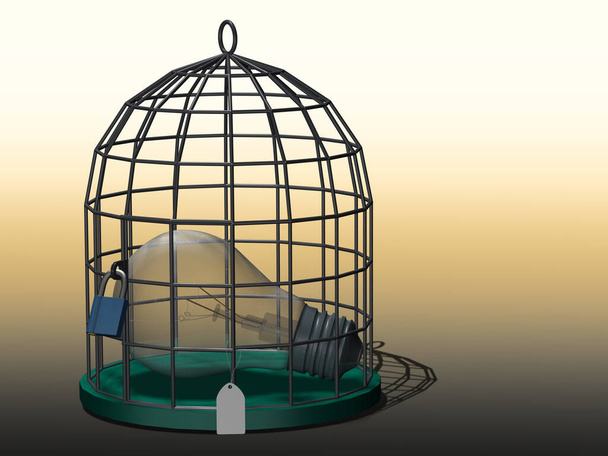 Bombilla eléctrica en una jaula de pájaro bajo un candado con una etiqueta de precio. 3D, ilustración. - Foto, Imagen