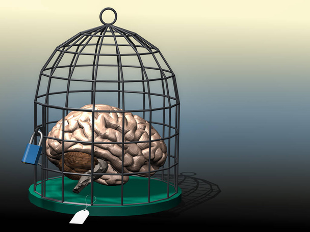 Людський мозок на пташиній клітці під замком і ключем з цінником. 3D, ілюстрація
. - Фото, зображення