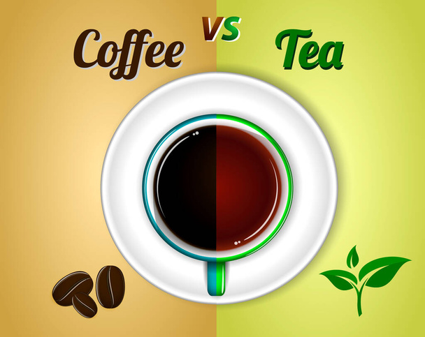 una taza de café negro frente a vista superior del té o una taza de café y platillo frente a la taza de té. eps 10 vector, fácil de modificar - Vector, Imagen