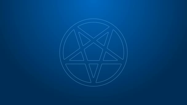 Ligne blanche Pentagramme dans une icône circulaire isolée sur fond bleu. Symbole magique d'étoile occulte. Animation graphique de mouvement vidéo 4K - Séquence, vidéo