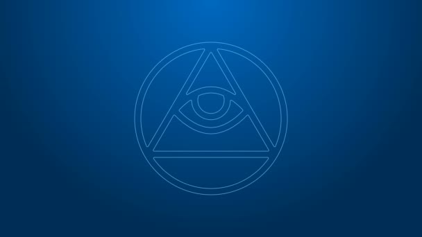 Λευκό σύμβολο Masons γραμμή All-seeing μάτι του Θεού εικονίδιο απομονώνονται σε μπλε φόντο. Το μάτι της Πρόνοιας στο τρίγωνο. 4K Γραφική κίνηση κίνησης βίντεο - Πλάνα, βίντεο