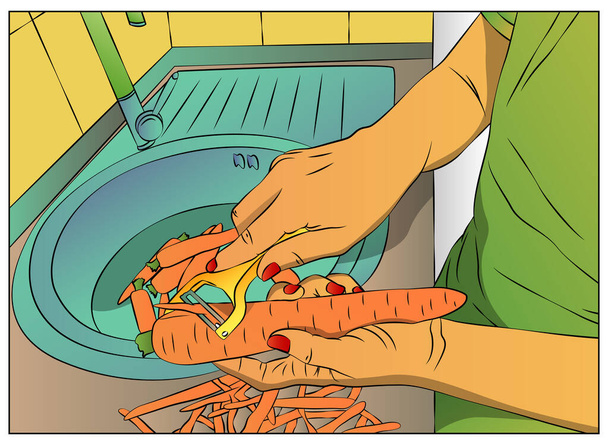 Frauenhandschälkarotte zum Kochen. Vektor-Cartoon, Illustration im Comic-Stil. - Vektor, Bild