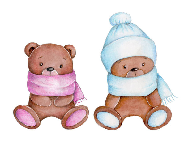 Bonitos osos de peluche de dibujos animados, ilustración dibujada a mano de acuarela, aislada sobre fondo blanco. - Foto, Imagen