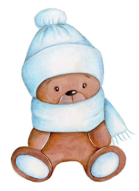 Lindo oso de peluche de dibujos animados en sombrero azul y bufanda, ilustración dibujada a mano de acuarela, aislado sobre fondo blanco. - Foto, imagen