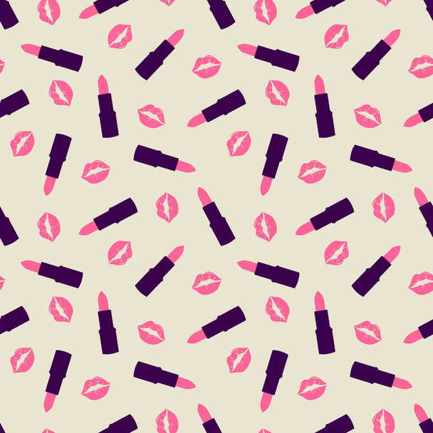 Pink kisses and lipstick seamless pattern. Cosmetic seamless pattern. Design for the beauty industry, advertising, Valentines Day - Vector, Image