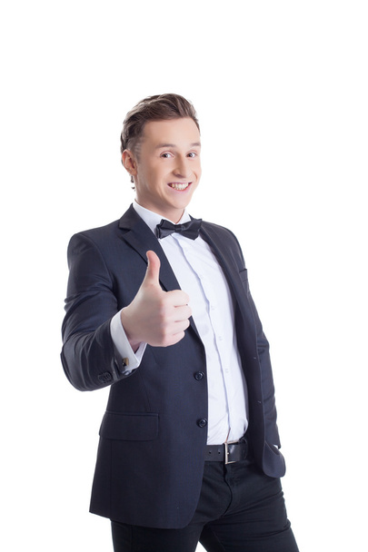 Image of cheerful businessman showing thumbs up - Foto, imagen