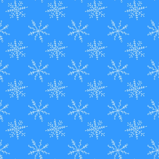 Winter seamless pattern from hand drawn snowflakes in doodle style. Christmas, new year background and texture. Snowfall and night sky. - Photo, Image