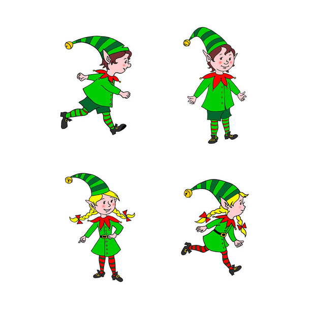Set of Cute little Christmas Elfes. New year Xmas characters. Hand drawn, cartoon, doodle. Simple color illustration for greeting cards, calendars, prints, children's book. - Photo, Image