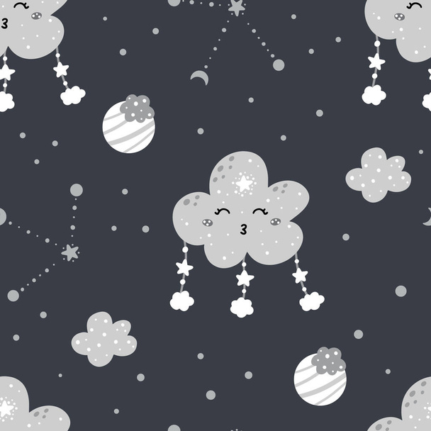 Grazioso modello di vivaio notte senza soluzione di continuità con nuvole, stelle, luna, costellazioni, pianeti e punti astratti. Modello disegnato a mano durante la nanna in stile scandinavo illustrazione vettoriale. - Vettoriali, immagini