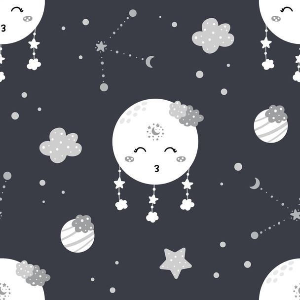 暗い背景に隔離された睡眠月、星、惑星や雲とかわいい夜のパターン。手描きの北欧スタイルベクトルイラスト用保育園プリントとデザイン. - ベクター画像