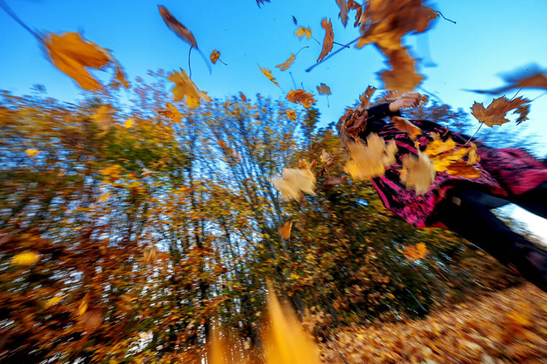 young woman runs in autumn and whirls up the autumn leaves, leaves fly in the sky, copy space - Photo, Image