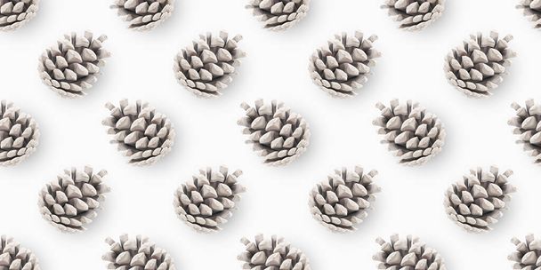 Seamless Pattern with Cones. Pine Cones is colored White. Objects Isolated on White. Packaging Design Template. Pine Cone Icon, Symbol, Decor, Gift. Christmas Pattern. Realistic 3D Vector Illustration - ベクター画像