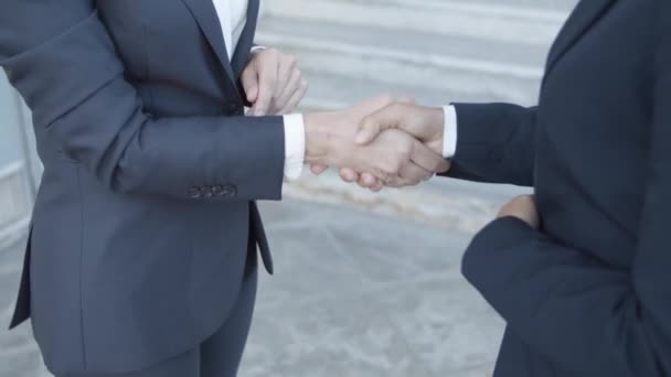 Two businesswomen in suits meeting outside - Video