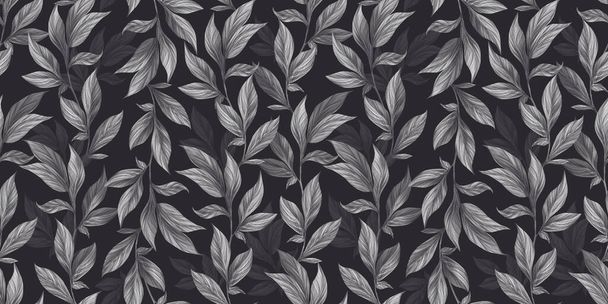 Botanical seamless pattern with vintage graphic peony leaves. Hand-drawn illustration. Black and white design. Good for production wallpapers, cloth, fabric printing, goods. - 写真・画像