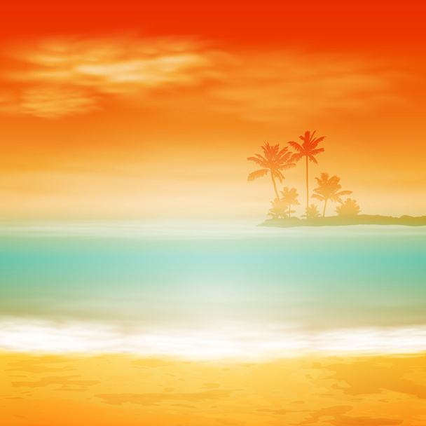 Puesta de sol de mar con isla y palmeras
. - Vector, Imagen