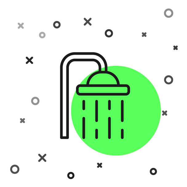 Černá čára Sprcha hlava s kapkami vody tekoucí ikona izolované na bílém pozadí. Vektor. - Vektor, obrázek