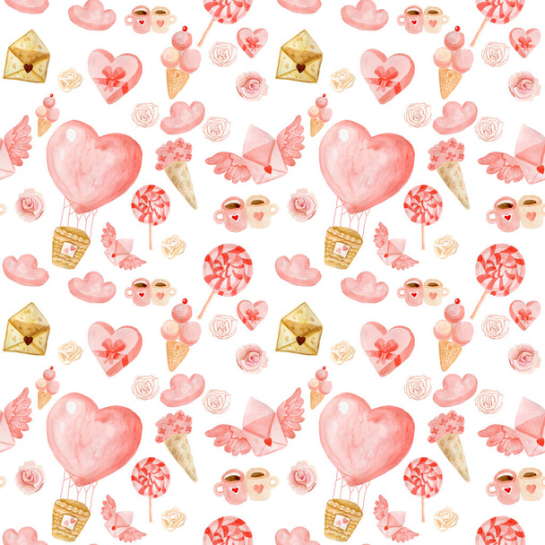 シームレスなパターン包装紙バレンタインデーピンク水彩 - 写真・画像