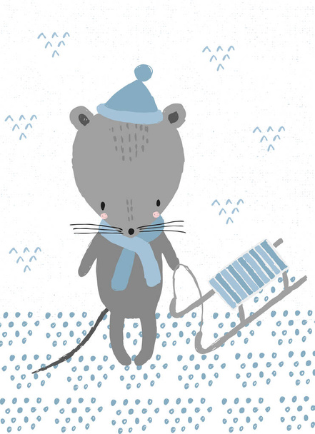 Cute snow mouse with sled in hat and scarf, Christmas vector illustration - Vektor, kép