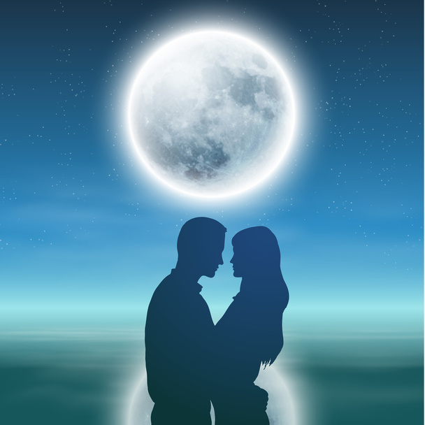 Sea with full moon and silhouette couple at night. - Vector, afbeelding