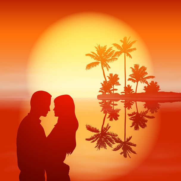 Sea sunset. Island with palm trees and silhouette couple. - Vektori, kuva