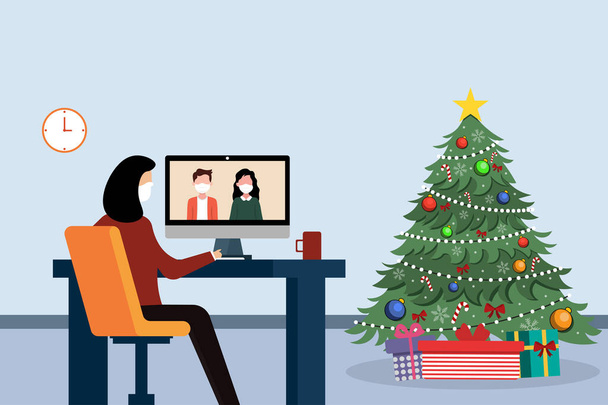 illustrazione vettoriale di una donna in maschera con computer portatile seduto vicino all'albero di Natale alla vigilia di Natale, personaggi dei cartoni animati di Natale, disegno di biglietti di auguri - Vettoriali, immagini