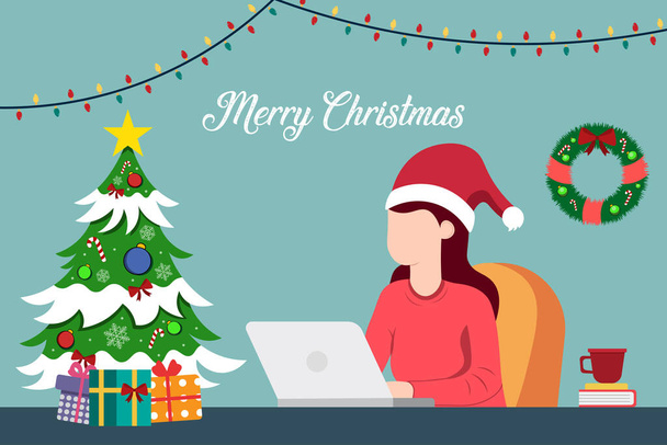 大晦日のクリスマスツリーの近くに座ってノートパソコンを持つ女性のベクトルイラスト,クリスマス漫画のキャラクター,グリーティングカードのデザイン,レタリングメリークリスマス  - ベクター画像