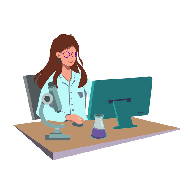 Laboratory. Woman works on computer. Concept of lab research, testing, studies in chemistry, biology, physics, medicine. Science equipment. Woman scientist vector illustration. Researcher in uniform - Vector, Image