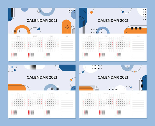 Σύνολο αφηρημένη δημιουργική σχεδιασμό ημερολόγιο γραφείο του 2021 έτος. Συλλογή διανυσματικών προτύπων. Η εβδομάδα αρχίζει την Κυριακή. - Διάνυσμα, εικόνα