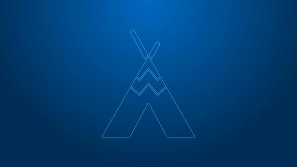 White line Traditional indian teepee or wigwam icon isolated on blue background. Indian tent. 4K Video motion graphic animation - Footage, Video