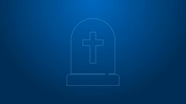 Bílá čára Tombstone s ikonou kříže izolované na modrém pozadí. Ikona hrobu. Šťastný Halloweenský večírek. Grafická animace pohybu videa 4K - Záběry, video