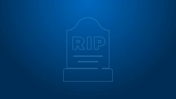Bílá čára Tombstone s RIP napsané na něm ikona izolované na modrém pozadí. Ikona hrobu. Grafická animace pohybu videa 4K - Záběry, video