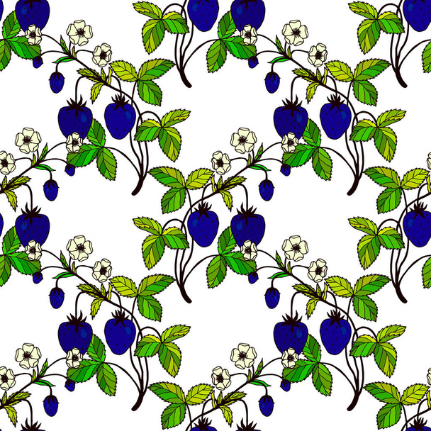 seamless pattern with blue berries, white flowers and green leaves - Vecteur, image